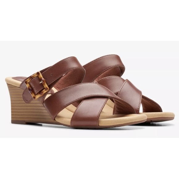 Clarks Shoes - Clarks Womens Kyarra Judi Slip on Comfort Casual Brown Leather Wedge Sandal 8.5M
